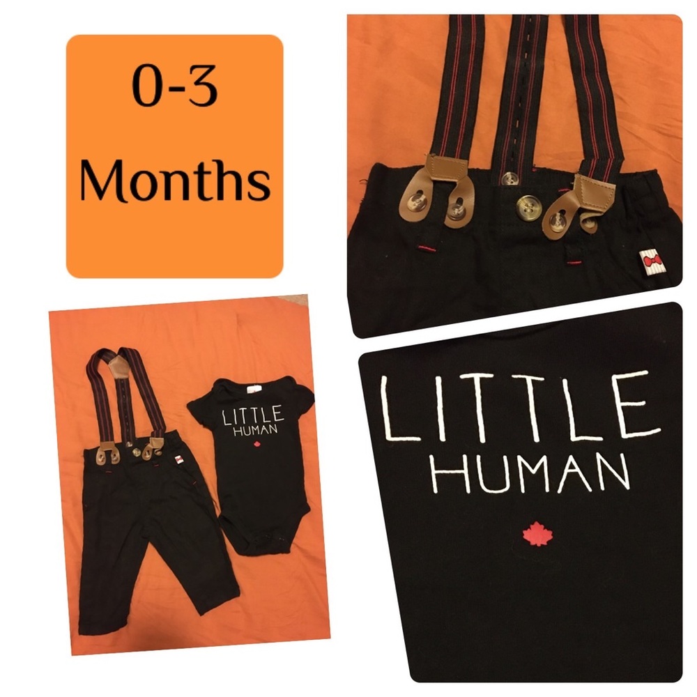 Black “Little Human” Baby Outfit Set with suspenders